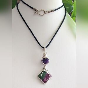 Carved Amethyst with Ruby Zoizite Sterling Silver Wire Wrapped Pendant